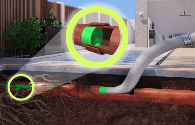 Pipe relining perth – diagram illustrating trenchless pipe relining process with resin-coated liner inserted into damaged underground pipe.