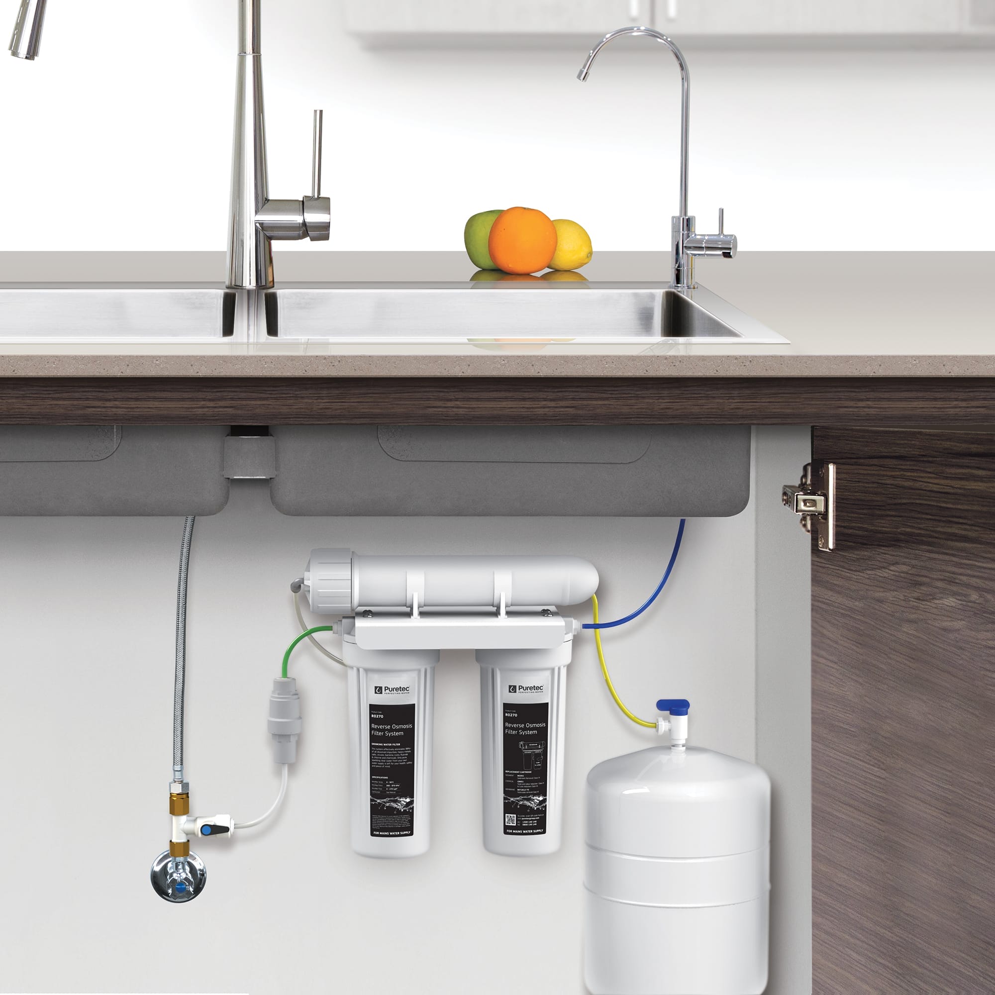 Puretec ro270 reverse osmosis water filter installed under a kitchen sink. Advanced multi-stage filtration system providing high-quality purified drinking water in perth homes.