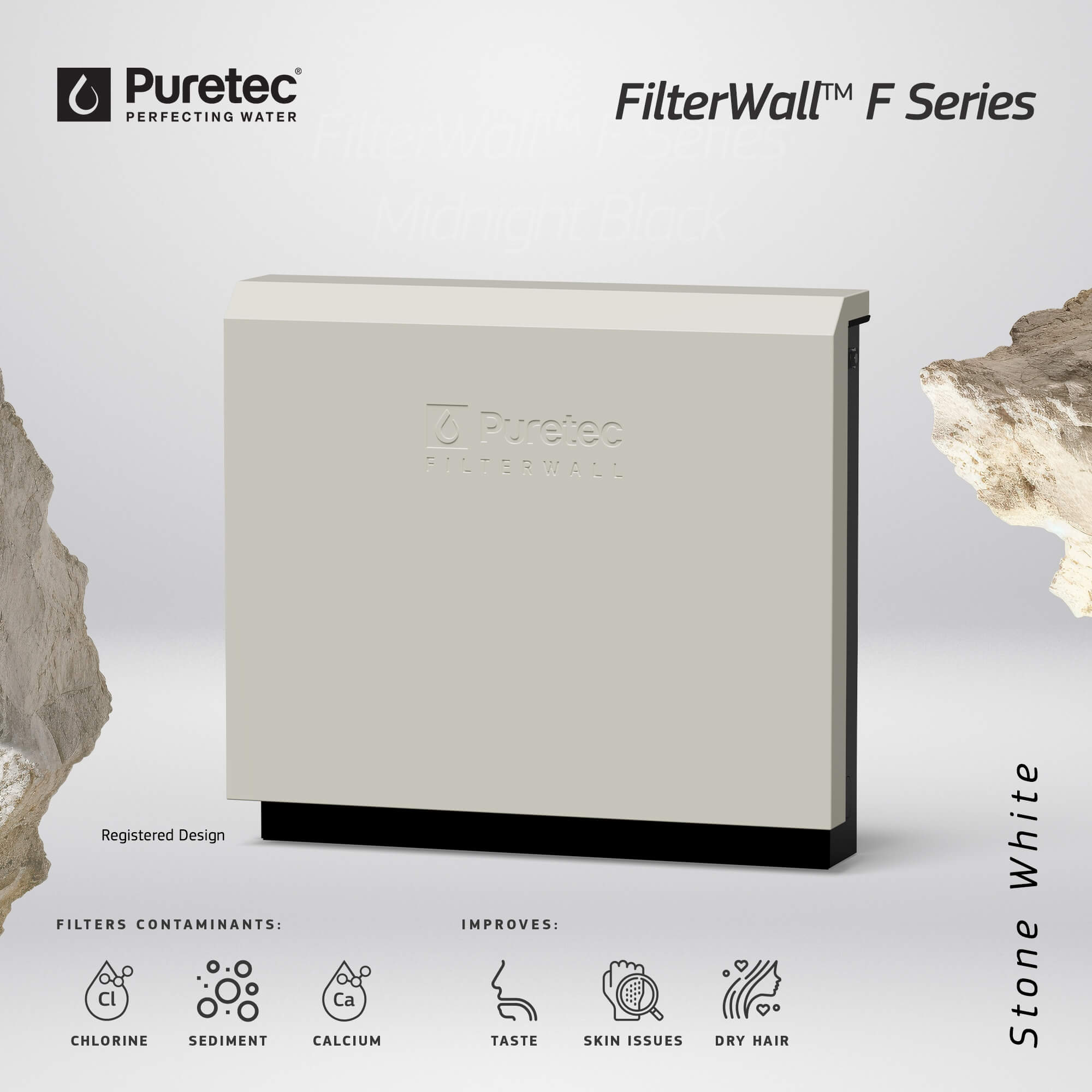 Puretec filterwall f series water filtration unit in stone white, filters chlorine, sediment, calcium and improves taste, skin issues and dry hair.